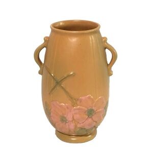 Vintage 1930s Weller Art Pottery Vase Wild Rose Double Handle in Peach 11" Tall